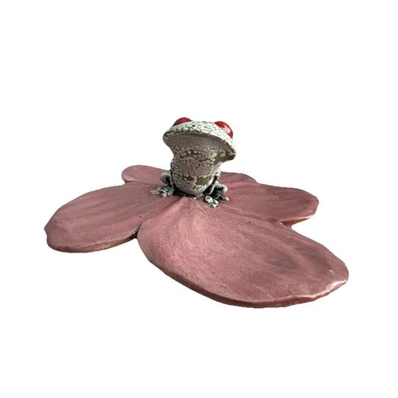 Frog Pink Flower Hanging Wall Decor Lid Hand Made Pottery Leaf Tree Frog Red Eye - Picture 12 of 16